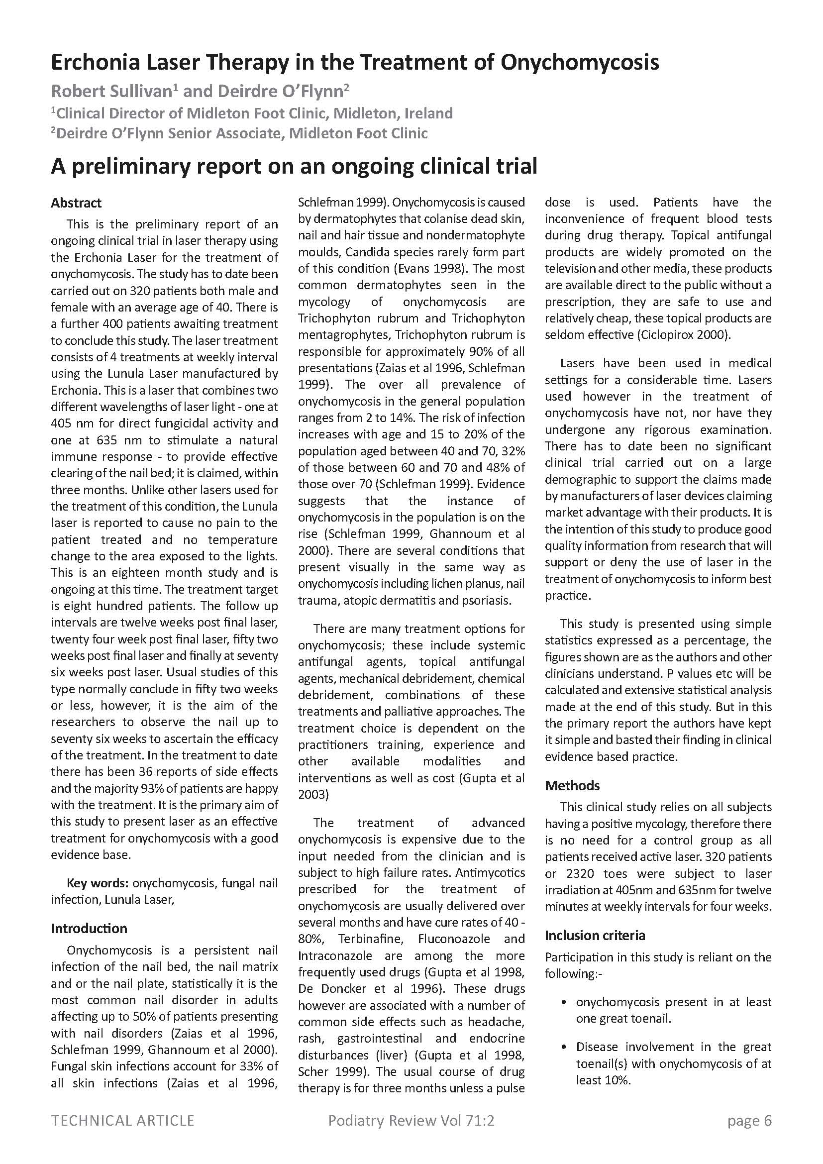 Sullivan_Erchonia Laser Therapy in the Treatment of Onychomycosis Preliminary Report_Podiatry Review Vol 71.2_03_14